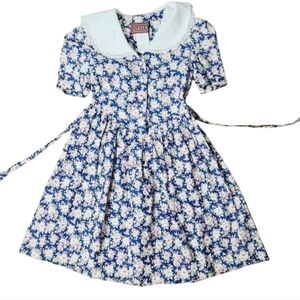 Vintage 80s 90s Blue Pink Rose Floral Bib Collar Girls Dress